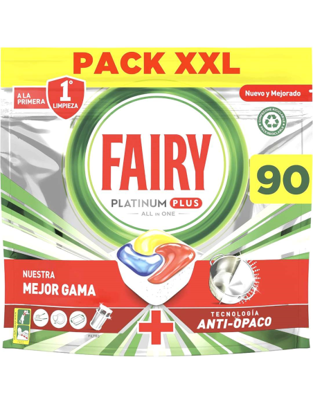  Fairy Platinum Plus All in One, Pastillas Lavavajillas, 90 Cápsulas (5 x 18), Limón, Mega Pack 90U