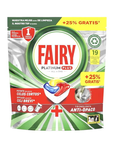  Fairy Platinum Plus Cápsulas De Lavavajillas Todo En Uno Limón, 19 Cápsulas  19U